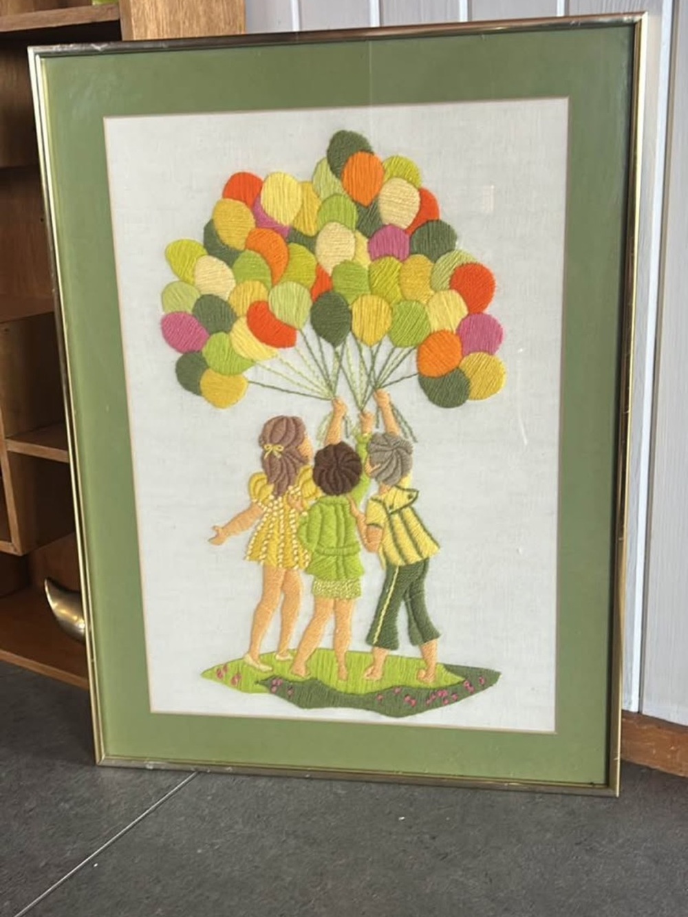 Framed Embroidered Children with Balloons retro Wall Art - Green 70s crewel